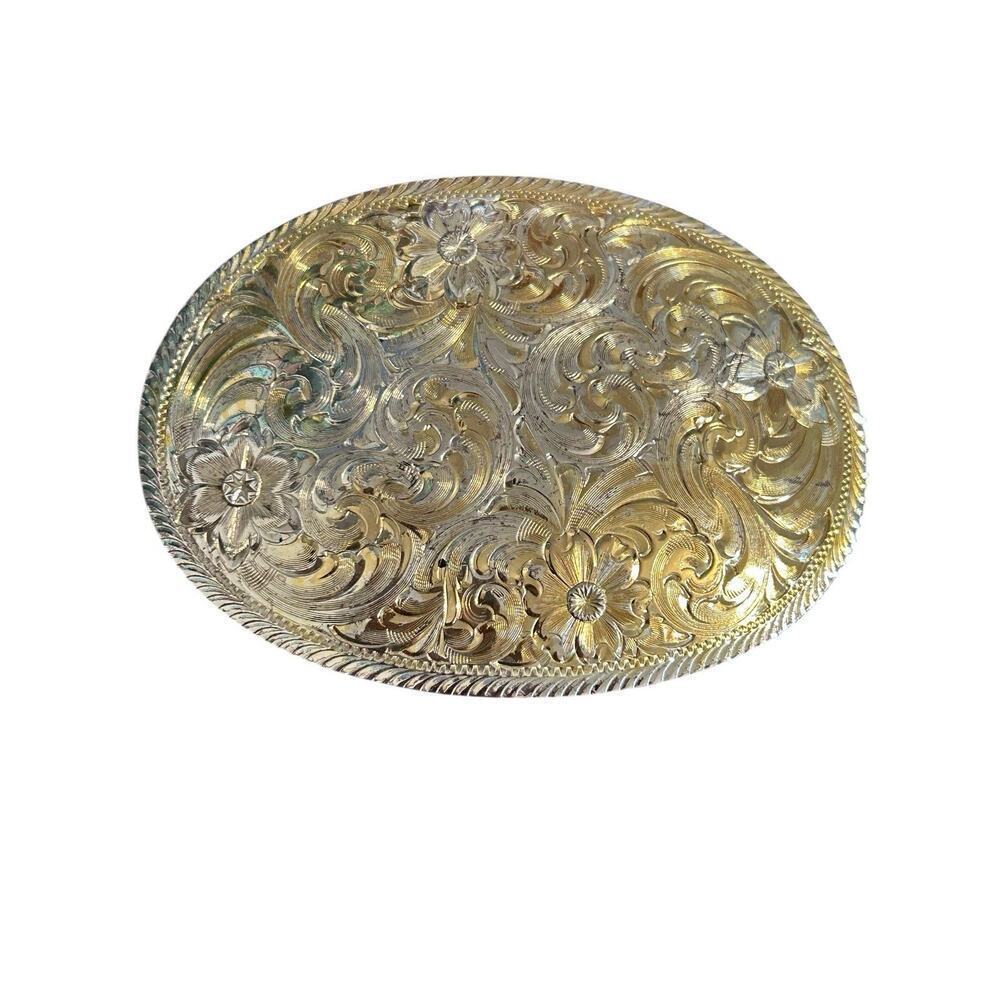 Montana Silversmiths Floral Design Silver And Gold Oval Western Belt Buckle